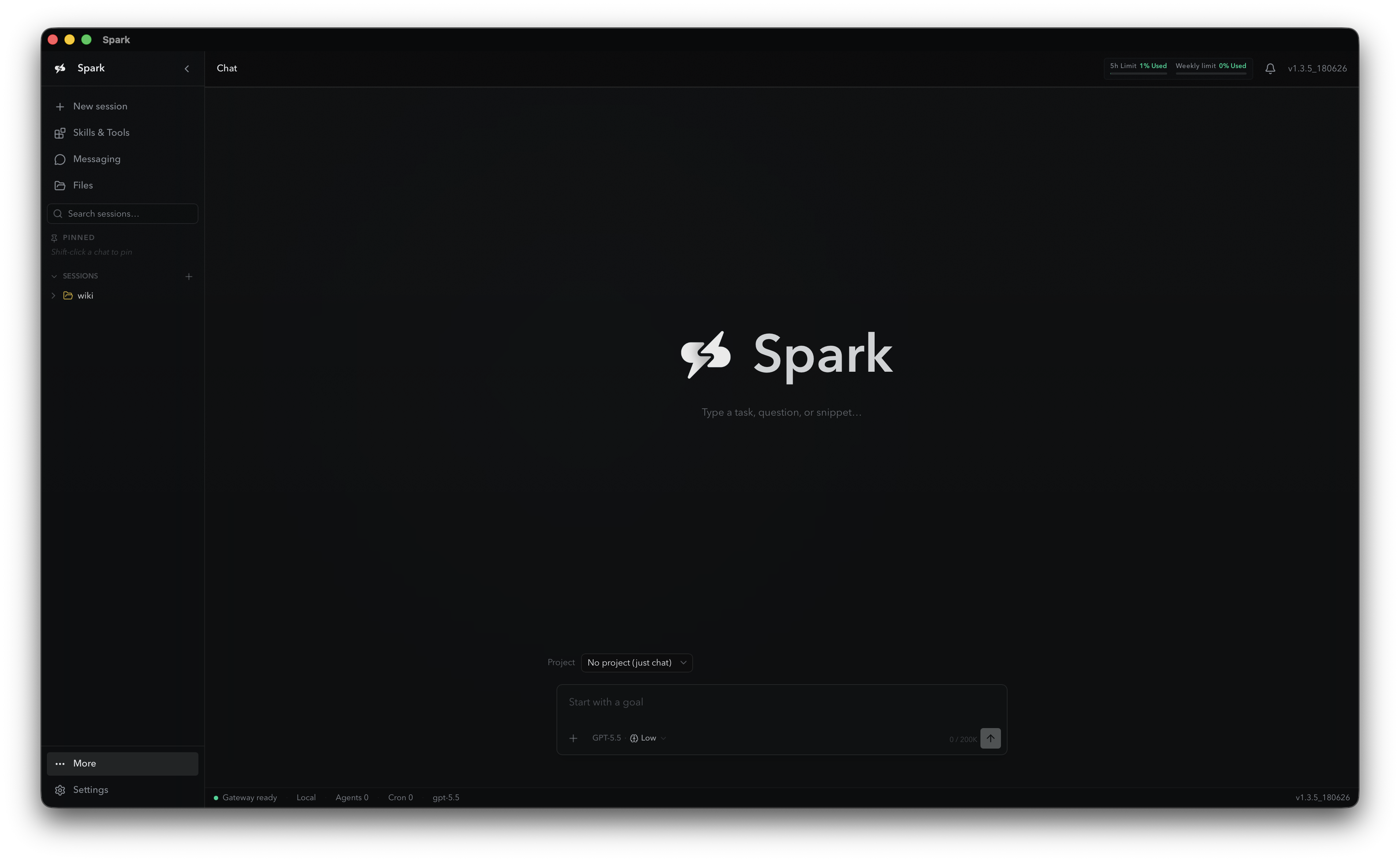 The Spark desktop app: chat workspace with sessions, skills and tools, messaging, files, and a goal input